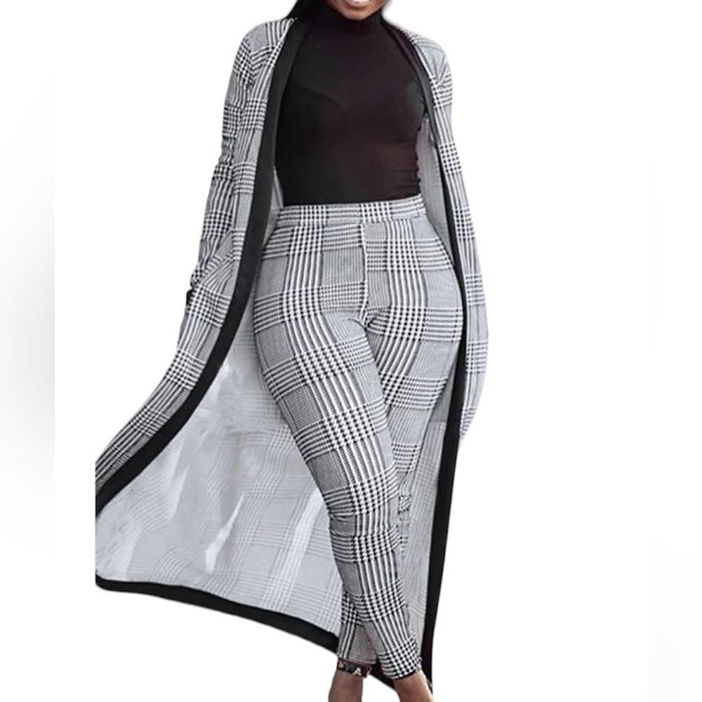 Women's Checkered Houndstooth Cardigan with Tie Pants Set Plus Size 4XL